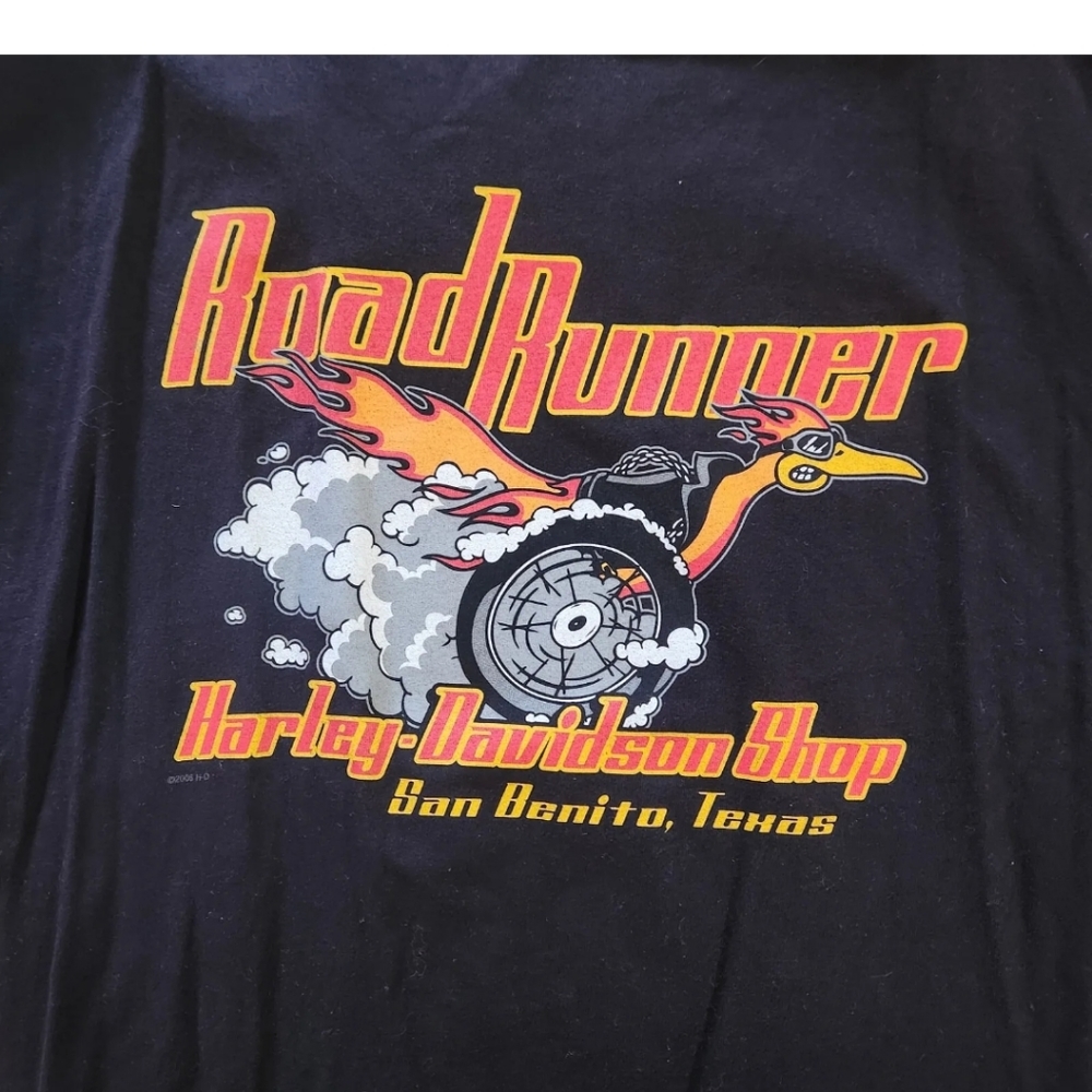 Vintage Harley Davidson Graphic T-Shirt Logo Flames Road Runner San Benito,Texas